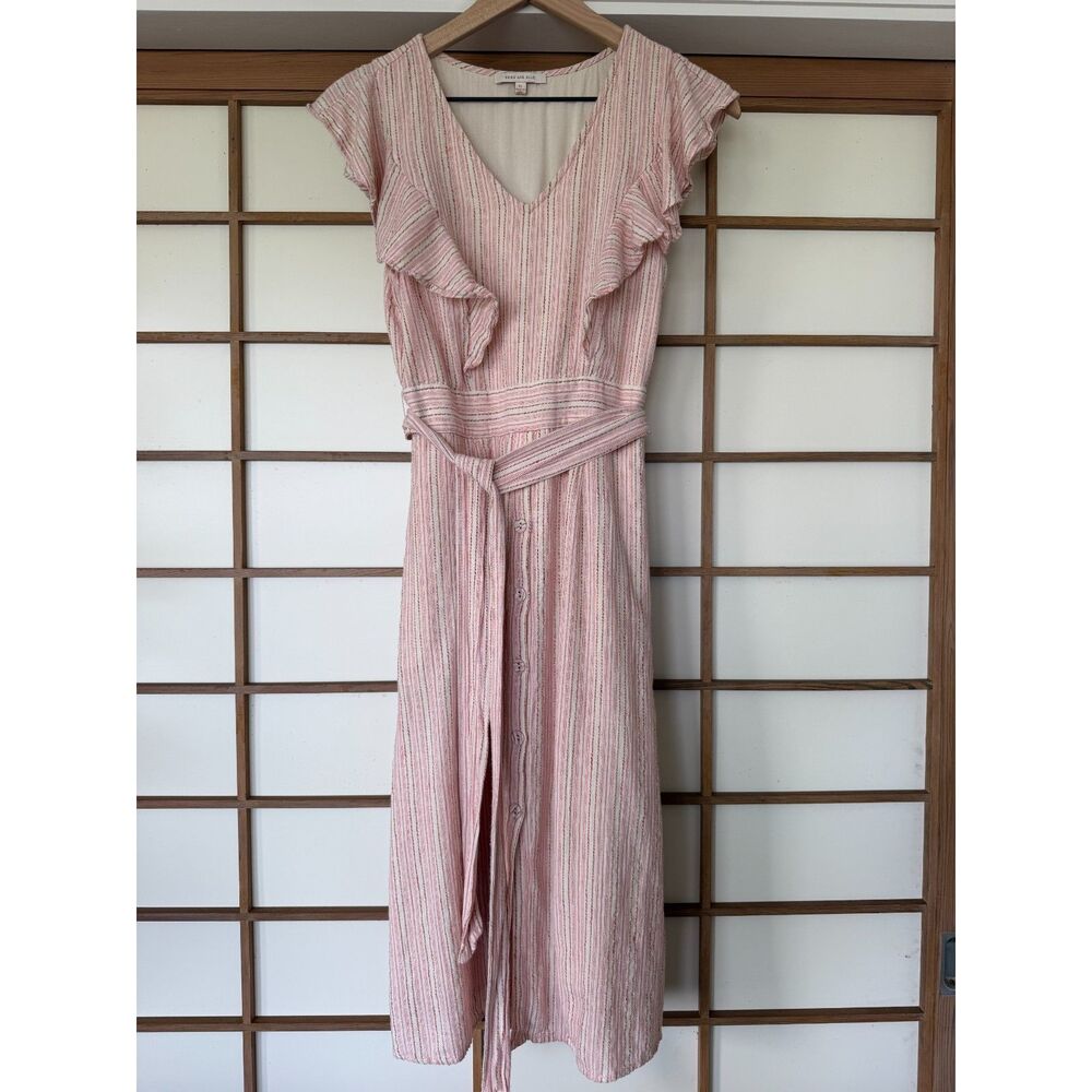 Skies Are Blue XS Pink Ivory Striped Linen Blend Ruffle Sleeve Belted Midi Dress